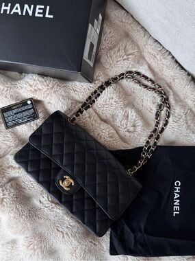 Chanel medium classic double flap bag black gold hardware pristine condition
